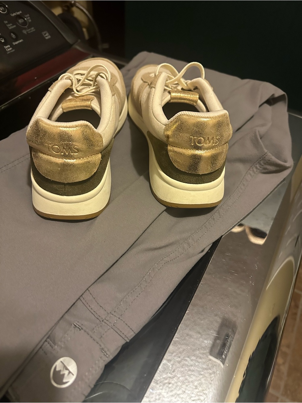 TOMS Cream Sneakers with Gold Heel and Olive Suede Accents